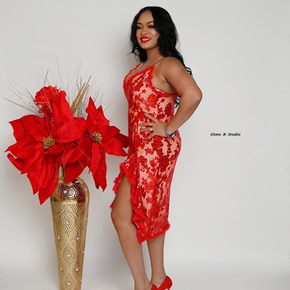 NBD Red sequin & lace strapped, thigh slit dress